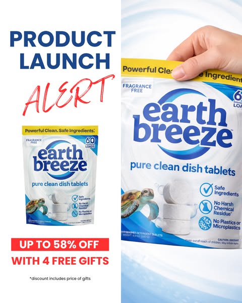 This image ad promotes Earth Breeze pure clean dish tablets, highlighting the product's launch with an offer of up t