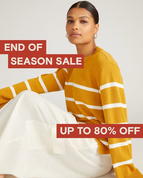 This ad is promoting an end-of-season sale of up to 80% off on clothing. A model is wearing a mustard-colored sweater wi