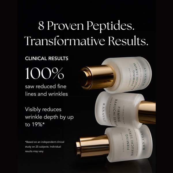 This ad showcases the Ranavat Eternal Reign Firming Bakuchi Serum. It highlights clinical results indicating a reduction