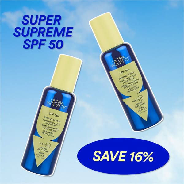 The ad features two bottles of Ultra Violette sunscreen and promotes 16% off.