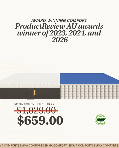 This ad for Emma Comfort Mattress highlights the mattress's award-winning comfort and reduced price.