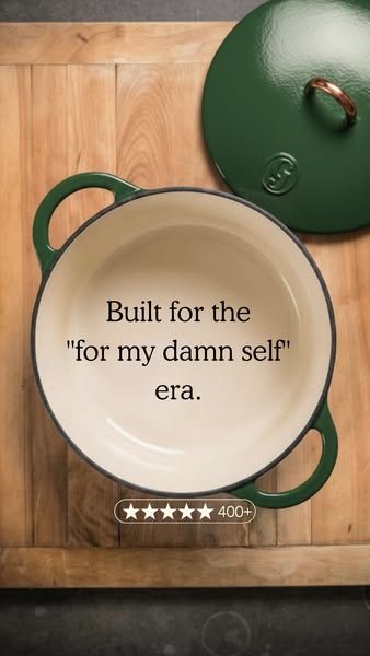 This image ad features a green Dutch oven positioned on a wooden surface. The ad targets individuals who are self-suffic