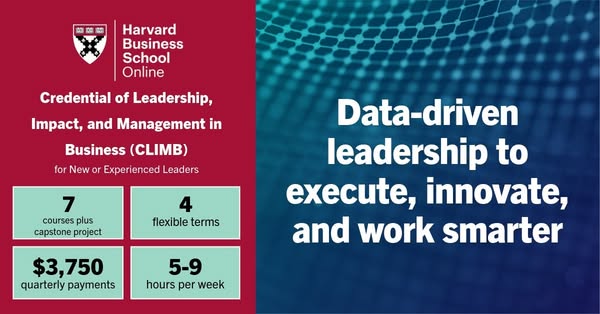 This ad for Harvard Business School Online promotes its CLIMB program, highlighting its focus on leadership, impact, and