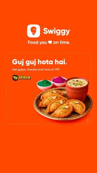 This image ad for Swiggy highlights the availability of gujiya, thandai, and more at ₹99 from the 99 store, likely for t