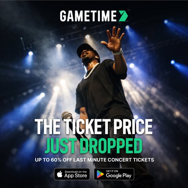 This ad for Gametime advertises last-minute concert tickets with up to 60% off. The ad features a performer on stage wit