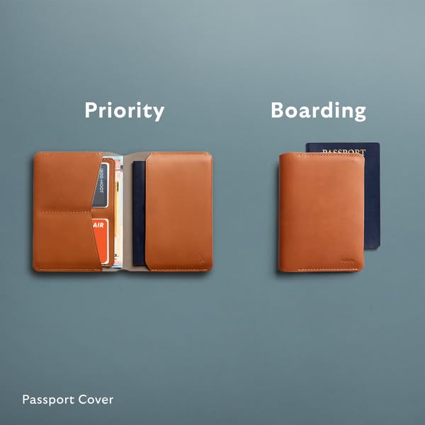 This ad showcases the Bellroy Passport Cover, highlighting its utility for both priority and regular boarding situations