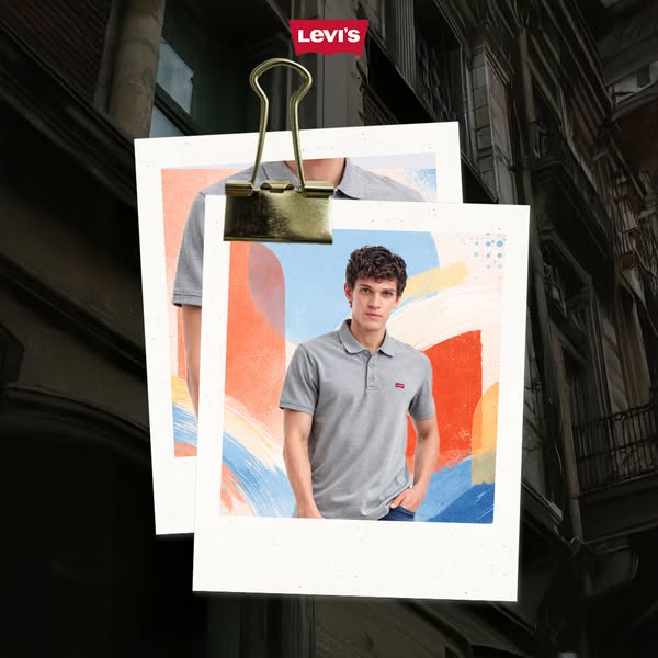 This image ad for Levi's features two overlaid Polaroid-style photos clipped to an outdoor urban environment. The ph