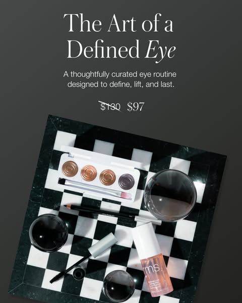 This ad showcases a collection of RMS Beauty products designed to define the eyes, positioned on a black and white chess