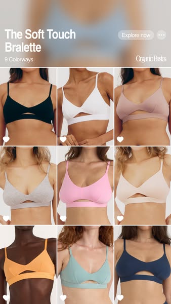 This ad showcases the Soft Touch Bralette from Organic Basics. It uses a gallery format to display the bralette in nine 