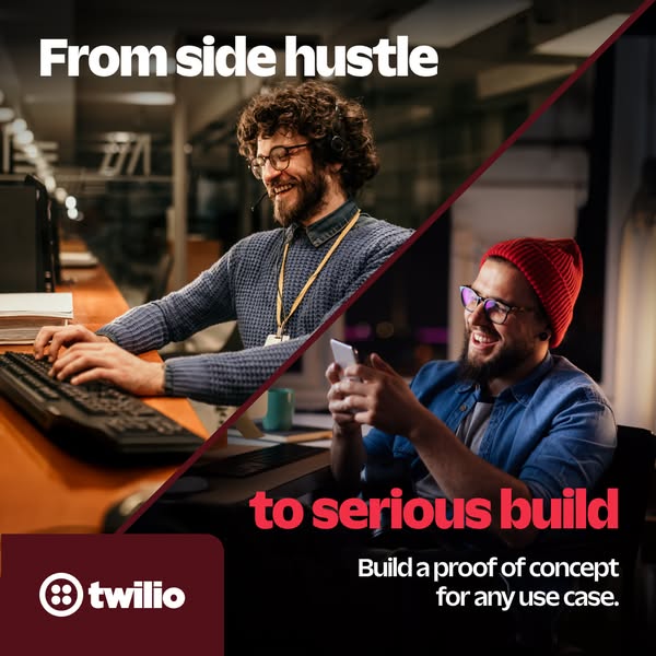 This ad uses a split screen to show the transition from a side hustle to a serious build using Twilio. The ad features t