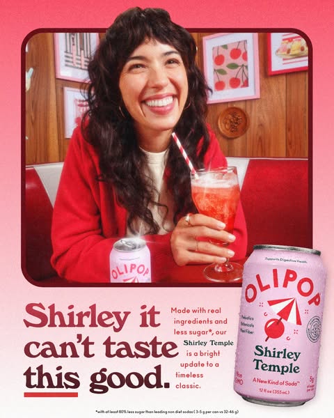 A refreshing twist on a timeless classic, Olipop presents the Shirley Temple soda, boasting real ingredients and less su