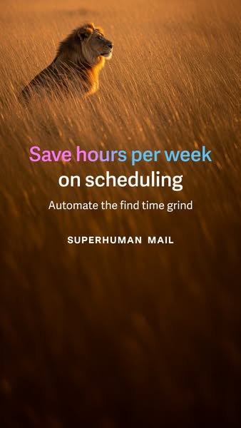 This ad uses a photo of a lion standing in a field of tall grass. On top of the photo is text promoting Superhuman Mail 