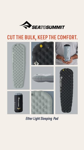 This ad showcases the Sea to Summit Ether Light Sleeping Pad using a visually engaging grid layout. The ad emphasizes th