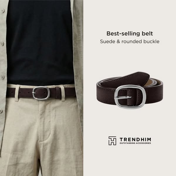 This image ad showcases a Trendhim belt, highlighting its best-selling status, suede material, and rounded buckle.