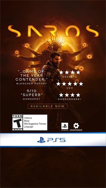 This ad promotes the video game "Saros" for PlayStation 5, highlighting positive reviews and ratings from sour