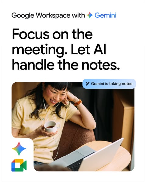 This ad is for Google Workspace with Gemini. It shows a person working on a laptop and holding a cup of coffee with the 