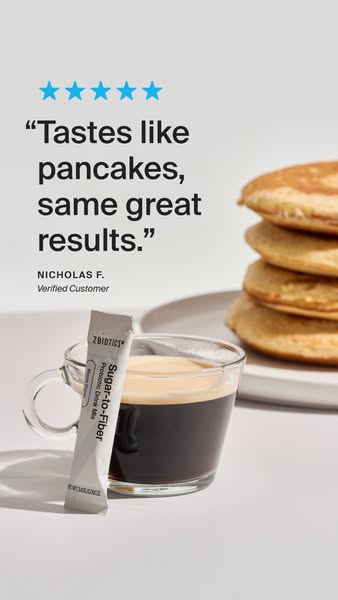 The image ad features a customer testimonial for a sugar-to-fiber probiotic drink mix. The testimonial claims it 'ta