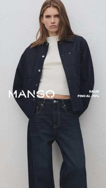 This image ad showcases Mango's clothing line, featuring a denim jacket and jeans, with a sale offer of up to 70% of
