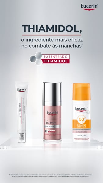 The ad showcases three Eucerin products designed to combat hyperpigmentation, emphasizing the key ingredient Thiamidol. 
