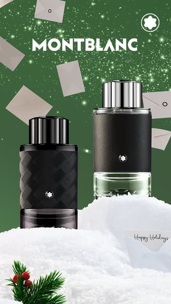 This ad showcases two Montblanc fragrances in a wintery, holiday-themed setting, emphasizing the brand's luxury and 