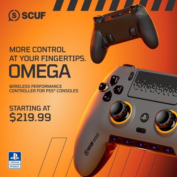 This ad showcases the SCUF Omega wireless performance controller for PS5 consoles, emphasizing enhanced control and star
