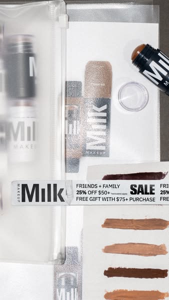 This Milk Makeup ad features a flatlay that showcases a range of their Sculpt Cream Contour Sticks alongside sale offers