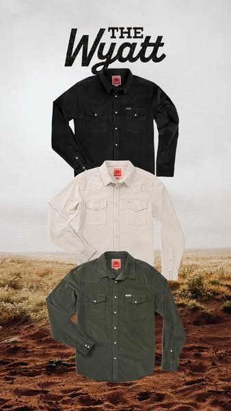 This ad showcases three different colors of the same button-down shirt, set against a desert backdrop.