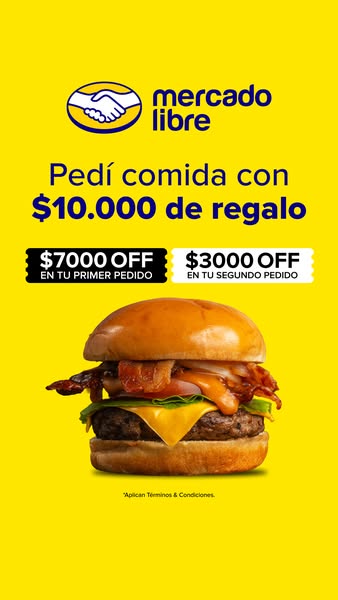 This ad is for Mercado Libre and it promotes food delivery with a discount of $10,000 on the first two orders.