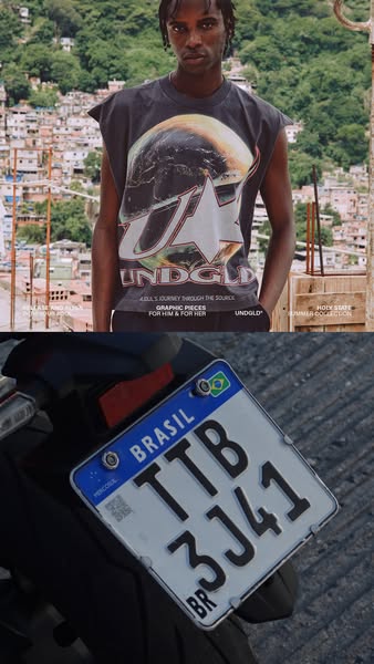 An image ad for clothing brand UNDGLD featuring a model in one of the brand's graphic t-shirts, placed over a shot o