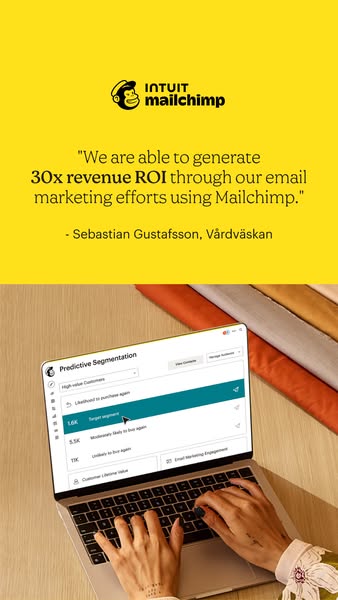 This ad features a testimonial from a Mailchimp customer who was able to generate 30x revenue ROI through their email ma