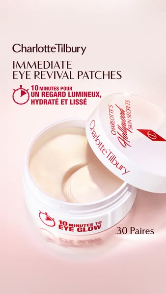 This ad showcases Charlotte Tilbury's Immediate Eye Revival Patches, emphasizing their ability to provide a luminous