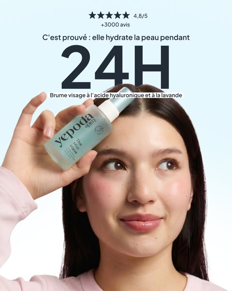 An ad for Yepoda The Mist Have, a facial spray, focuses on its hydrating qualities. A woman is holding the product.