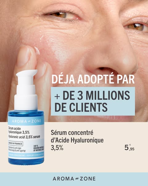 This ad promotes Aroma-Zone's concentrated hyaluronic acid serum by showing a woman applying the product to her face
