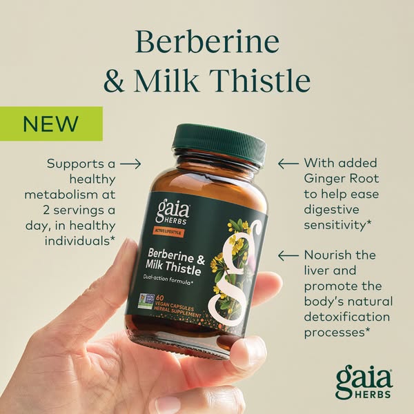 Image ad for Gaia Herbs Berberine & Milk Thistle dual-action formula supplement. The ad highlights the ingredients a
