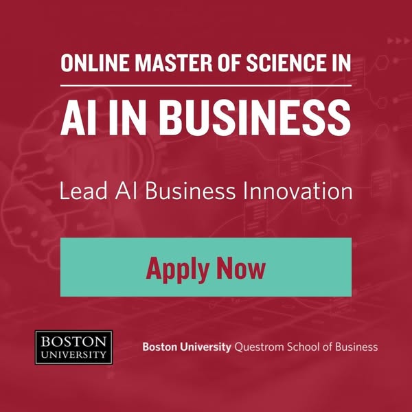 This ad is promoting an online Master of Science in AI in Business degree program at Boston University. The ad emphasize