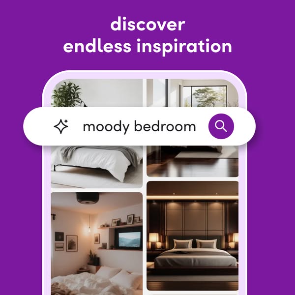 This ad uses a screenshot of a search results page to promote a home design app. The screenshot shows a search for &quot