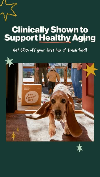 This image ad for The Farmer's Dog features a basset hound walking towards the camera with a box of The Farmer's
