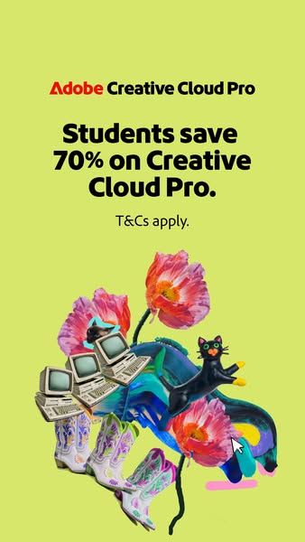 This ad promotes Adobe Creative Cloud Pro, highlighting a special 70% discount for students. The creative features a sur