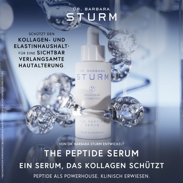 This ad for Dr. Barbara Sturm's The Peptide Serum focuses on the product's ability to protect collagen and slow 