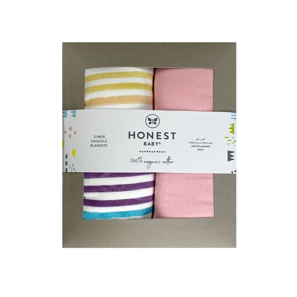 A product shot displays a 2-pack of Honest Baby swaddle blankets in a gray gift box. One blanket is white with colored s