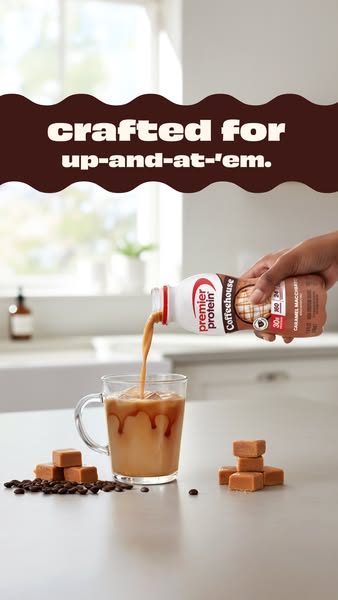 This ad showcases Premier Protein's Coffeehouse Caramel Macchiato drink being poured into a glass of ice, suggesting