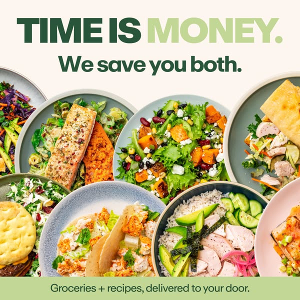This image ad for a meal delivery service highlights the service's potential to save customers time and money. The a