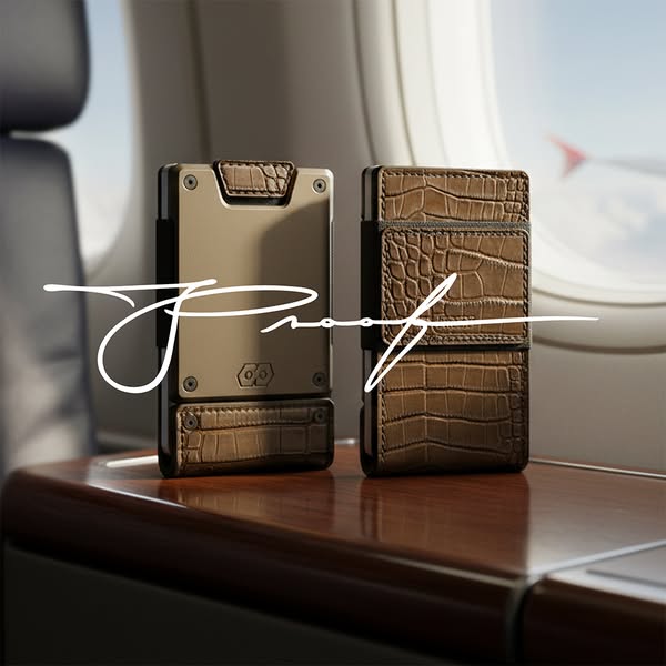 This image ad showcases two wallets from Proof, emphasizing their stylish design and positioning them as luxury accessor