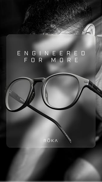 This image ad for ROKA features a close up shot of a pair of eyeglasses superimposed over a man's face. The glasses 