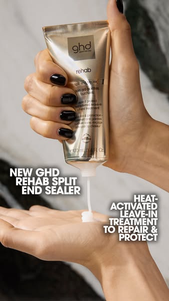 This ad showcases GHD Rehab Split End Sealer. The ad features a person squeezing the product from its tube packaging int