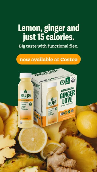 This image ad for Suja Organic Ginger Love juice promotes the drink's low calorie count and availability at Costco. 