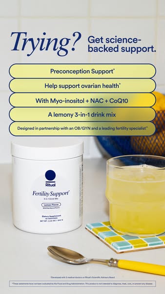 This ad features Ritual's Fertility Support drink mix, designed to support preconception and ovarian health with a l