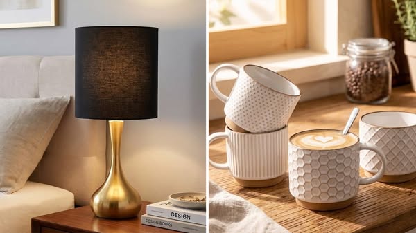 This ad features a split screen showcasing a lamp on one side and a collection of mugs on the other, highlighting the br