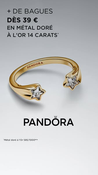 This ad showcases a gold Pandora ring with star-shaped ends. The ad highlights the ring's design and materials, as w