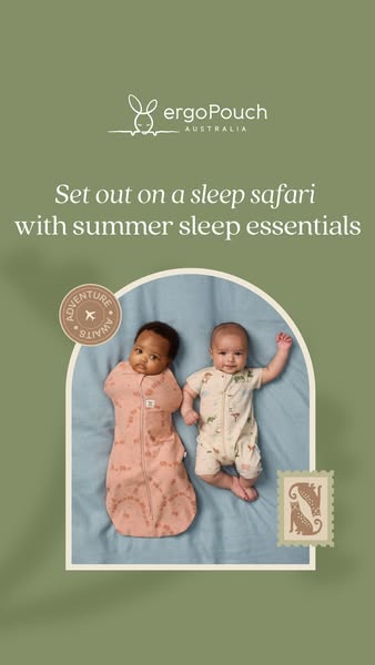 This ad showcases ErgoPouch's summer sleep essentials, featuring two babies in different sleep garments against a so